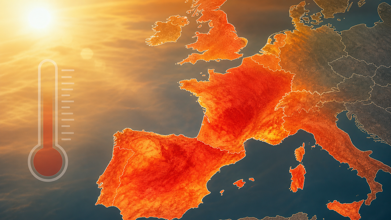 Editorial map-style image showing a heatwave over western Europe