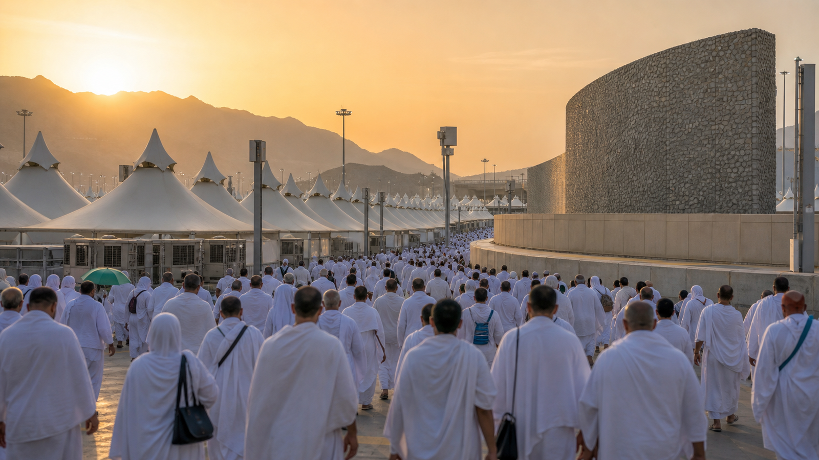 Respectful editorial image showing Hajj pilgrims moving through Mina during Hajj 2026
