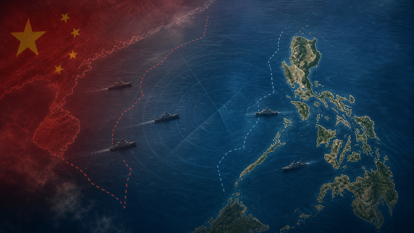 Editorial map-style image showing maritime tension between the Philippines and China in the South China Sea