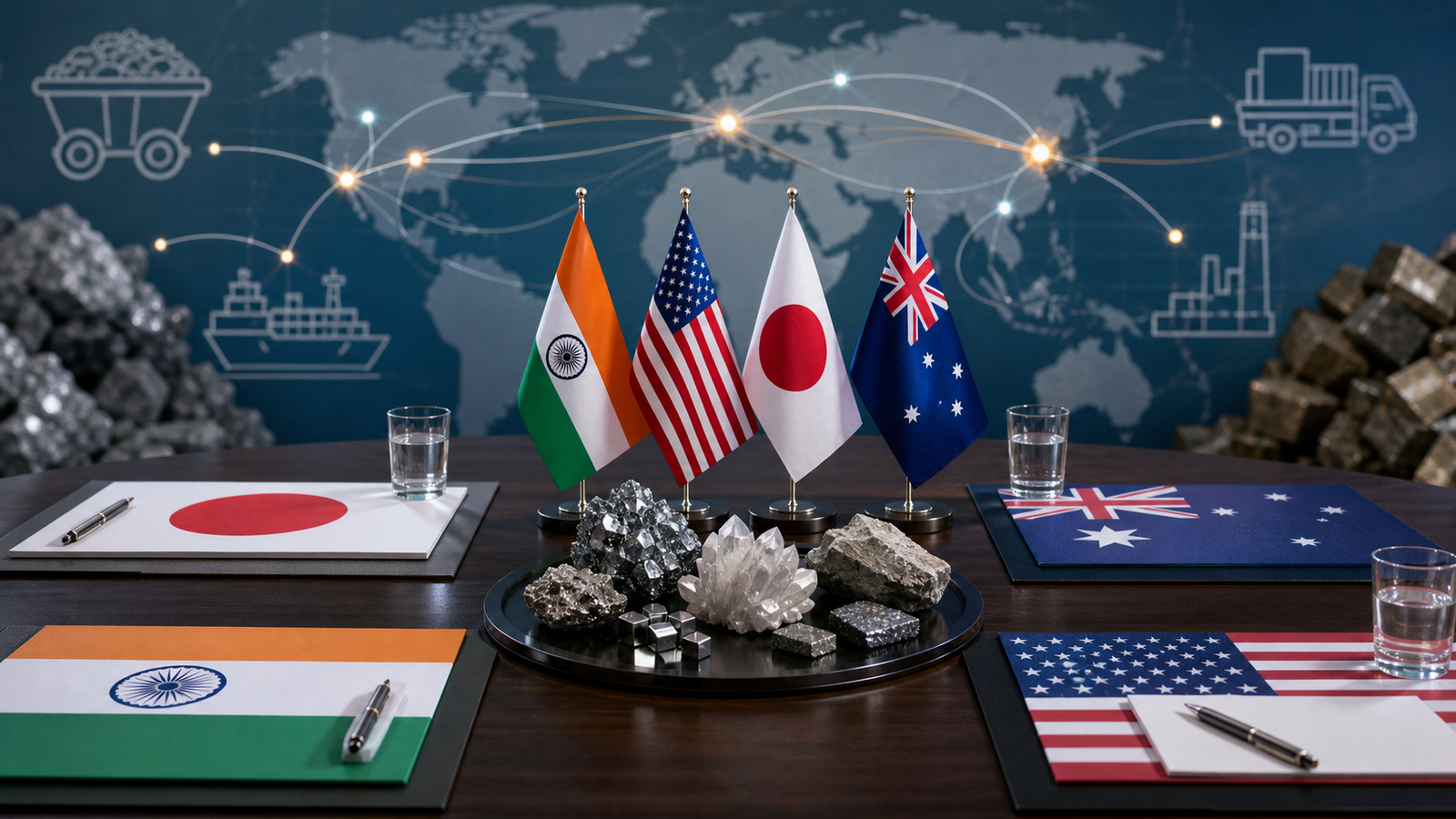 Editorial image showing Quad critical minerals cooperation with flags and supply-chain graphics