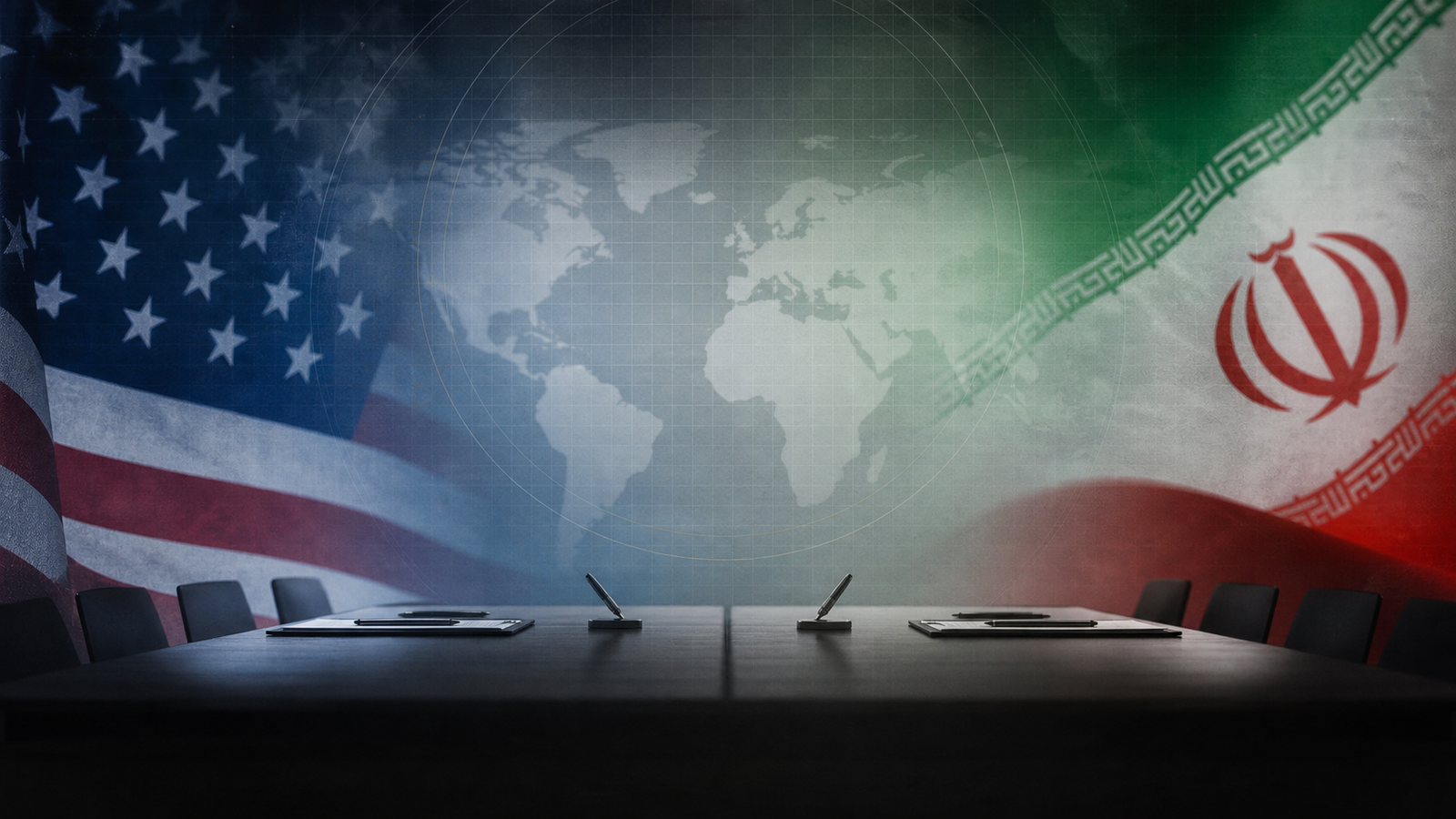 Editorial image showing U.S.-Iran diplomacy tension with flags and a negotiation table