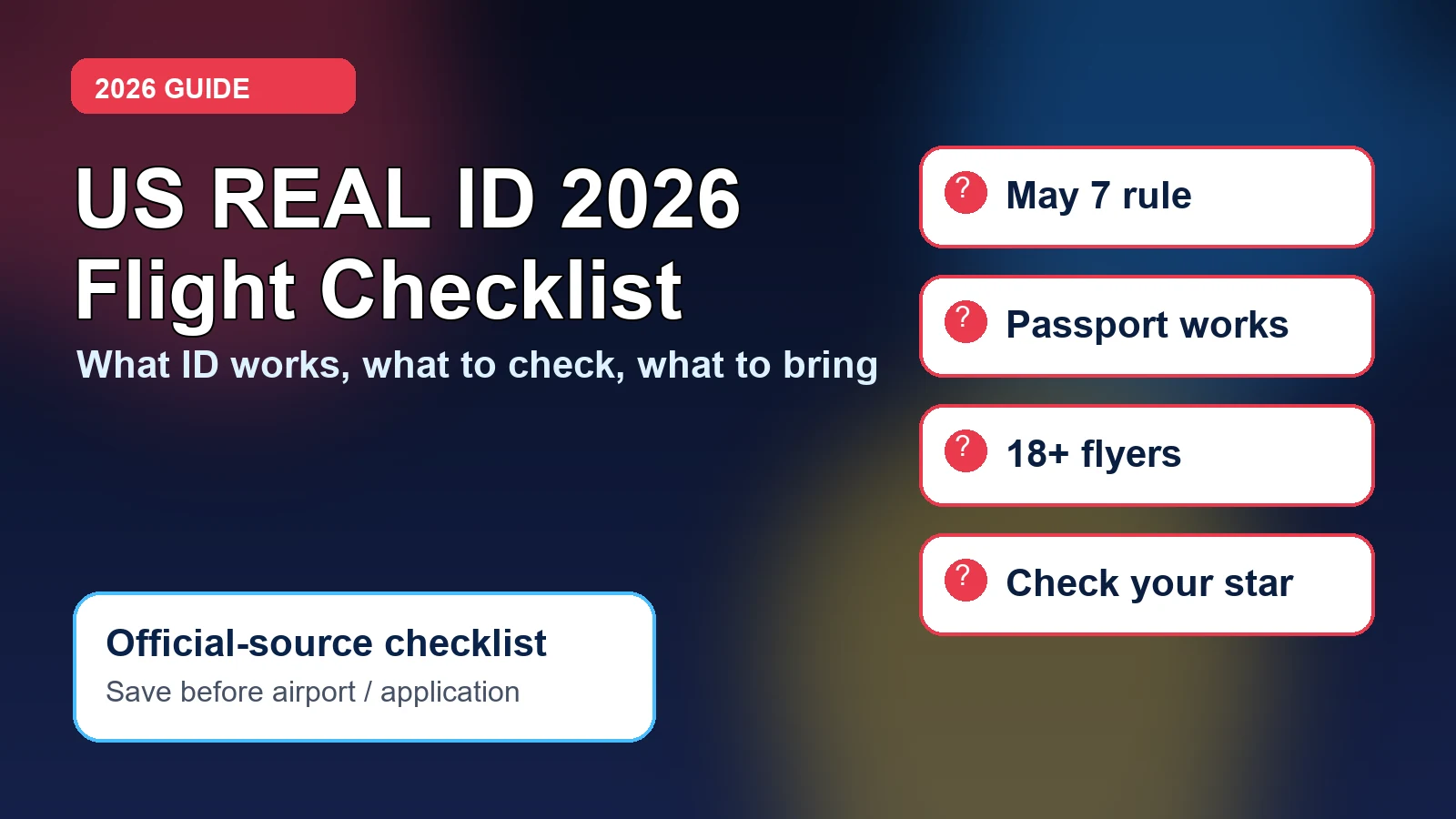 Bright REAL ID 2026 domestic flight checklist graphic with airport security and ID cards